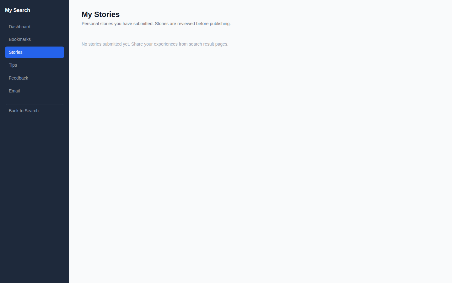 My Stories page showing submitted story status